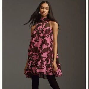 🆕 MAEVE Pink and DRK Brown abstract Cat Printed Mini Dress